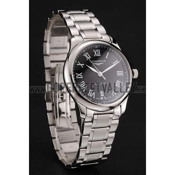 Replica Swiss Longines Master Black Dial Roman Numerals Hour Markers Stainless Steel Bracelet 1453933