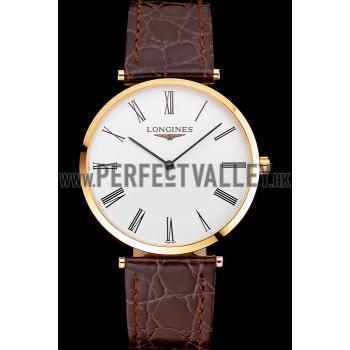 Swiss Longines Grande Classique White Dial Roman Numerals Gold Case Brown Leather Strap Replica