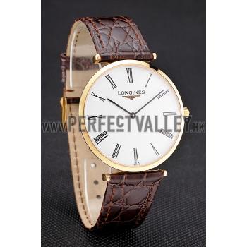 Swiss Longines Grande Classique White Dial Roman Numerals Gold Case Brown Leather Strap Replica