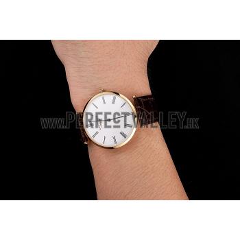 Swiss Longines Grande Classique White Dial Roman Numerals Gold Case Brown Leather Strap Replica