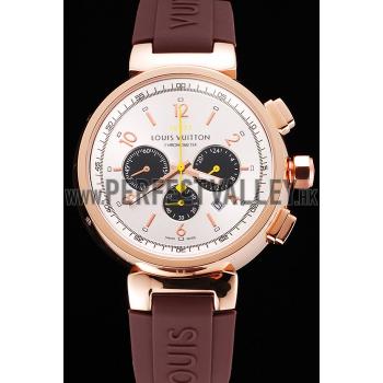 Louis Vuitton Tambour LV277 Chronograph White Dial Rose Gold Case Brown Rubber Strap