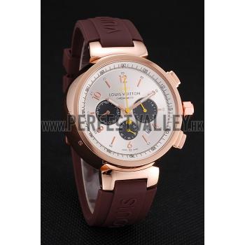 Louis Vuitton Tambour LV277 Chronograph White Dial Rose Gold Case Brown Rubber Strap