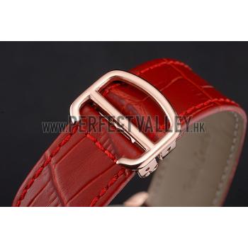 Cartier Ronde Louis Cartier White Dial Gold Case Red Leather Strap