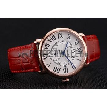 Cartier Ronde Louis Cartier White Dial Gold Case Red Leather Strap