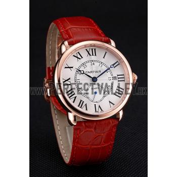 Cartier Ronde Louis Cartier White Dial Gold Case Red Leather Strap