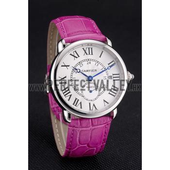 Replica Cartier Ronde Louis Cartier White Dial Stainless Steel Case Fuchsia Leather Strap