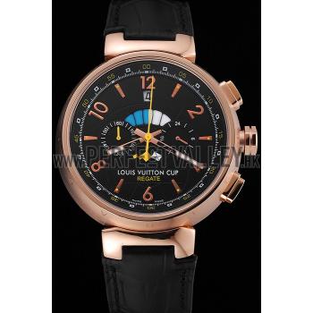 Replica Louis Vuitton Tambour LV Cup Regate Black Dial Rose Gold Case Black Leather Strap