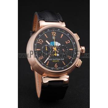 Replica Louis Vuitton Tambour LV Cup Regate Black Dial Rose Gold Case Black Leather Strap