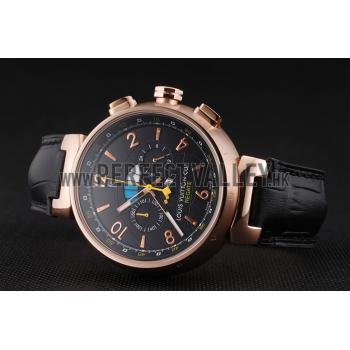 Replica Louis Vuitton Tambour LV Cup Regate Black Dial Rose Gold Case Black Leather Strap