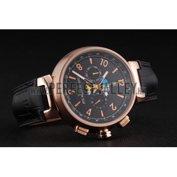 Replica Louis Vuitton Tambour LV Cup Regate Black Dial Rose Gold Case Black Leather Strap