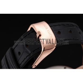 Replica Louis Vuitton Tambour LV Cup Regate Black Dial Rose Gold Case Black Leather Strap