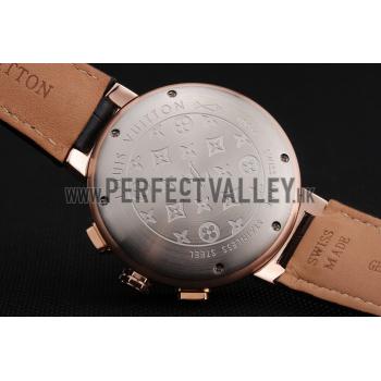 Replica Louis Vuitton Tambour LV Cup Regate Black Dial Rose Gold Case Black Leather Strap