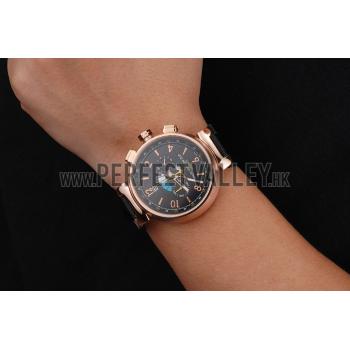 Replica Louis Vuitton Tambour LV Cup Regate Black Dial Rose Gold Case Black Leather Strap