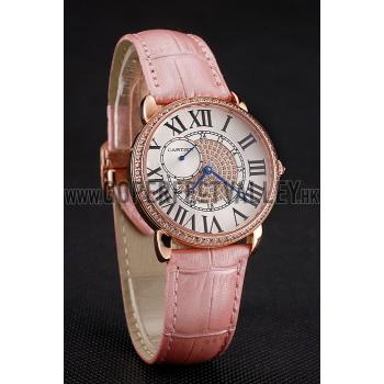 Cartier Ronde Louis Gold Diamond Case White Dial Pink Leather Bracelet 1454007