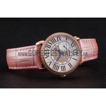 Cartier Ronde Louis Gold Diamond Case White Dial Pink Leather Bracelet 1454007