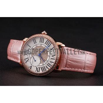 Cartier Ronde Louis Gold Diamond Case White Dial Pink Leather Bracelet 1454007