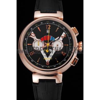 Cheap Louis Vuitton Tambour LV Cup Regate Black and White Dial Rose Gold Case Black Leather Strap