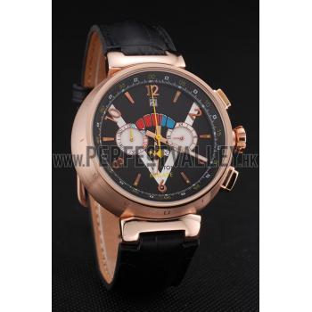 Cheap Louis Vuitton Tambour LV Cup Regate Black and White Dial Rose Gold Case Black Leather Strap