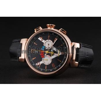 Cheap Louis Vuitton Tambour LV Cup Regate Black and White Dial Rose Gold Case Black Leather Strap