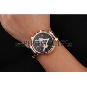 Cheap Louis Vuitton Tambour LV Cup Regate Black and White Dial Rose Gold Case Black Leather Strap