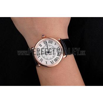 Cartier Ronde Louis Cartier White Dial Gold Case Black Leather Strap Replica