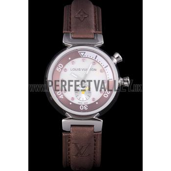 Replica Louis Vuitton Tambour Brown Leather Bracelet White Dial 801420