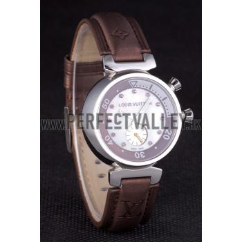 Replica Louis Vuitton Tambour Brown Leather Bracelet White Dial 801420