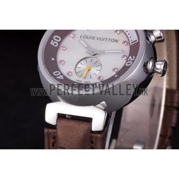 Replica Louis Vuitton Tambour Brown Leather Bracelet White Dial 801420