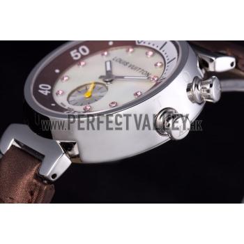 Replica Louis Vuitton Tambour Brown Leather Bracelet White Dial 801420