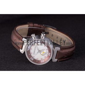 Replica Louis Vuitton Tambour Brown Leather Bracelet White Dial 801420