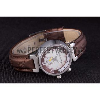 Replica Louis Vuitton Tambour Brown Leather Bracelet White Dial 801420