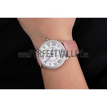 Replica Cartier Ronde Louis Cartier White Dial Stainless Steel Case Diamond Bezel Pink Leather Strap