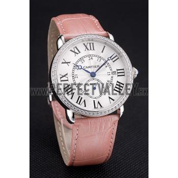 Replica Cartier Ronde Louis Cartier White Dial Stainless Steel Case Diamond Bezel Pink Leather Strap