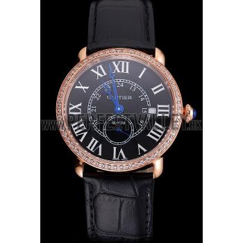 Cartier Ronde Louis Cartier Black Dial Gold Case Diamond Bezel Black Leather Strap