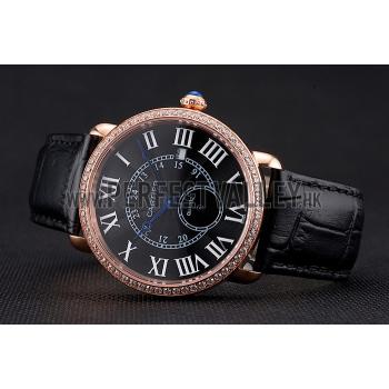 Cartier Ronde Louis Cartier Black Dial Gold Case Diamond Bezel Black Leather Strap