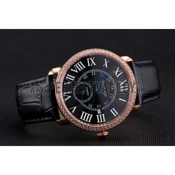 Cartier Ronde Louis Cartier Black Dial Gold Case Diamond Bezel Black Leather Strap