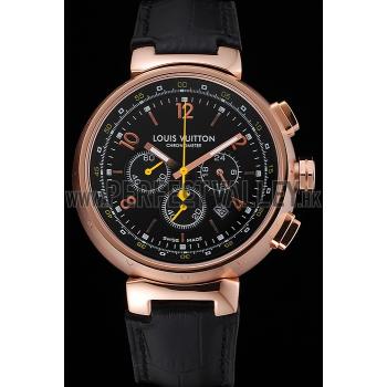 Cheap Louis Vuitton Tambour Chronograph Black Dial Rose Gold Case Black Leather Strap