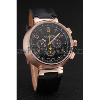 Cheap Louis Vuitton Tambour Chronograph Black Dial Rose Gold Case Black Leather Strap