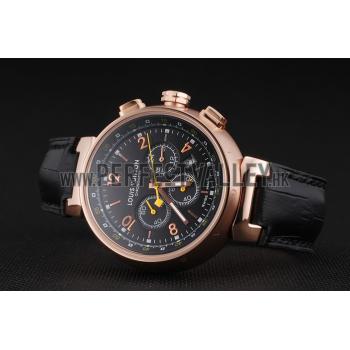 Cheap Louis Vuitton Tambour Chronograph Black Dial Rose Gold Case Black Leather Strap