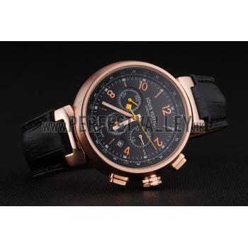 Cheap Louis Vuitton Tambour Chronograph Black Dial Rose Gold Case Black Leather Strap