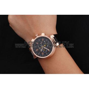 Cheap Louis Vuitton Tambour Chronograph Black Dial Rose Gold Case Black Leather Strap