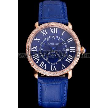 Cartier Ronde Louis Cartier Blue Dial Gold Case Diamond Bezel Blue Leather Strap Replica