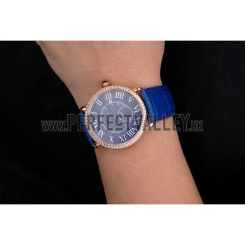 Cartier Ronde Louis Cartier Blue Dial Gold Case Diamond Bezel Blue Leather Strap Replica