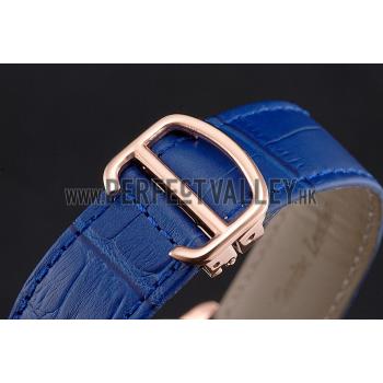 Cartier Ronde Louis Cartier Blue Dial Gold Case Diamond Bezel Blue Leather Strap Replica