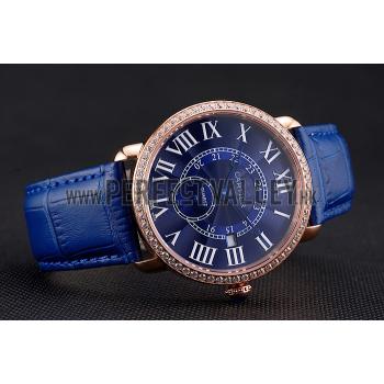 Cartier Ronde Louis Cartier Blue Dial Gold Case Diamond Bezel Blue Leather Strap Replica