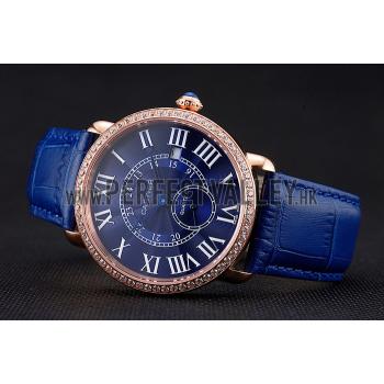 Cartier Ronde Louis Cartier Blue Dial Gold Case Diamond Bezel Blue Leather Strap Replica