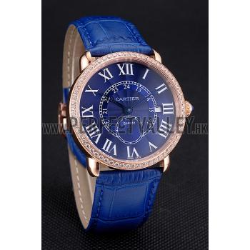 Cartier Ronde Louis Cartier Blue Dial Gold Case Diamond Bezel Blue Leather Strap Replica