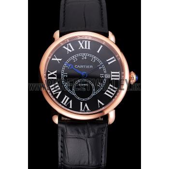 Cartier Ronde Louis Cartier Black Dial Gold Case Black Leather Strap