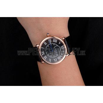 Cartier Ronde Louis Cartier Black Dial Gold Case Black Leather Strap