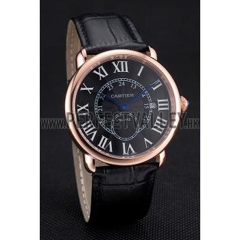 Cartier Ronde Louis Cartier Black Dial Gold Case Black Leather Strap